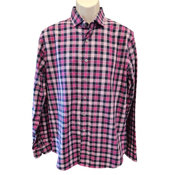 Express fitted L mens long sleeve button up purple plaid 16 - 16.5 proffesional - Picture 2 of 9